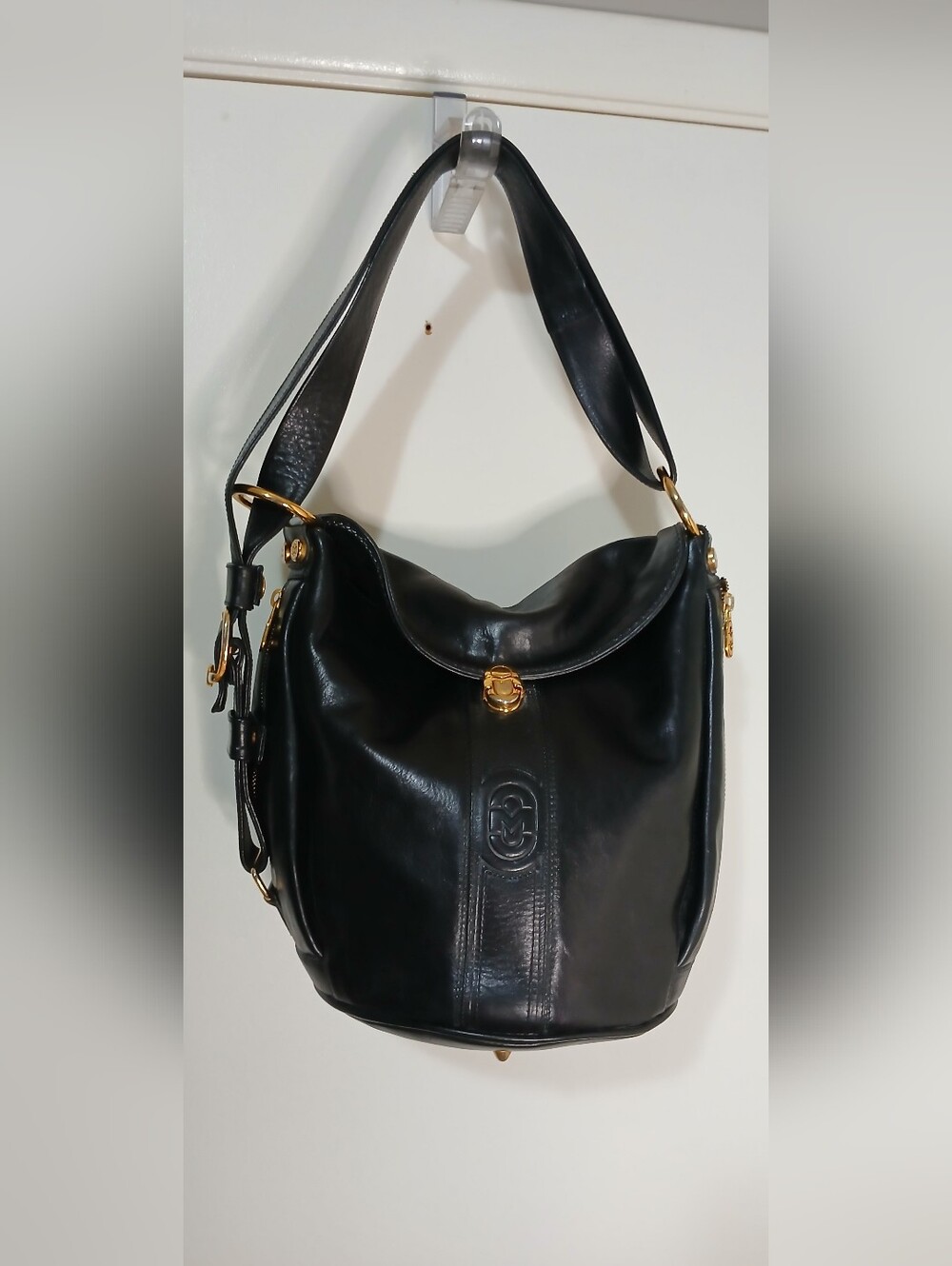 Black Leather Shoulder Bag with Gold Hardware Vintage Marino Orlandi